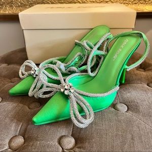 Green satin wrap around bow heels